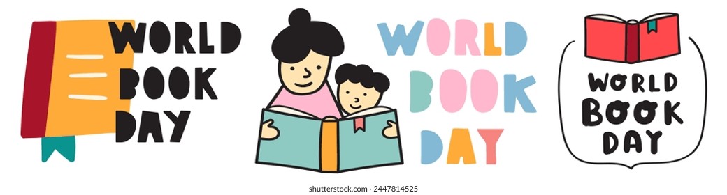 Collection of design elements. World book day. Vector illustrations on white background.