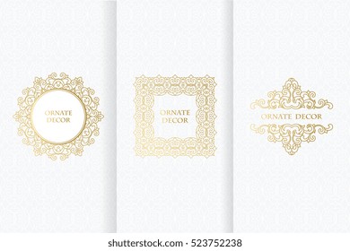 Collection of design elements,labels,icon. Template frame for save the date, birthday, greeting card, wedding invitation, leaflet, poster. Golden frames on  white background.