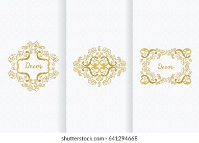 Collection of design elements,labels,icon. Template frame for save the date, birthday, greeting card, wedding invitation, leaflet, poster. Golden frames on  white background.