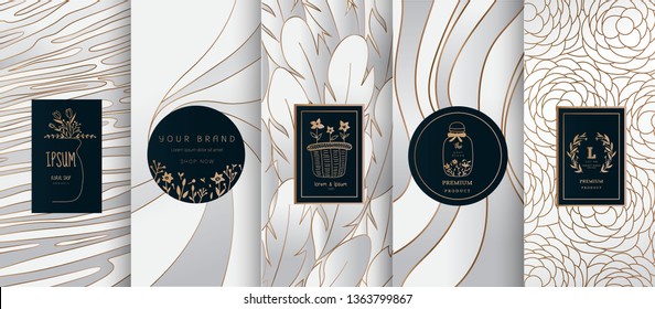 Collection of design elements,labels,icon,frames, for logo, packaging,design of luxury products. for perfume, soap, wine, lotion. Made with Isolated on black background.vector illustration
