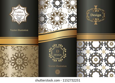 Collection of design elements,labels,icon,frames, for packaging, luxury background. Golden vintage design elements. Elegant Decorative ornament for wallpaper, fabric, paper, invitation.