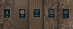 Collection Of Design Elements,labels,icon,frames, For Packaging,design Of Luxury Products.Made With Golden Foil.Isolated On Brown Background. Vector Illustration