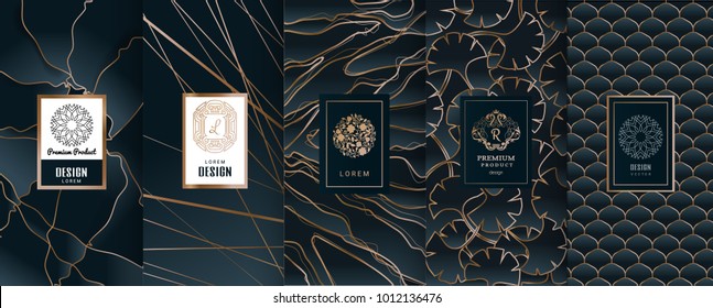 Collection of design elements,labels,icon,frames, for packaging,design of luxury products.Made with golden foil.Isolated on black and marble background. vector illustration