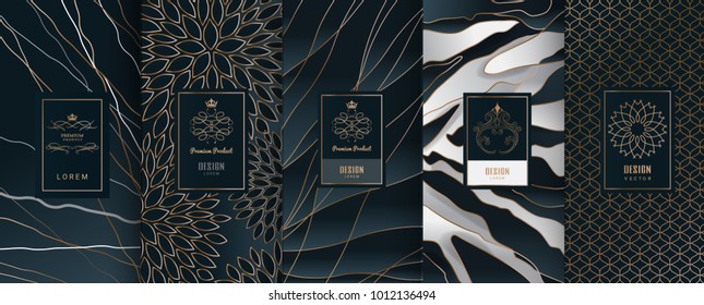 Collection of design elements,labels,icon,frames, for packaging,design of luxury products.Made with golden foil.Isolated on black and marble background. vector illustration