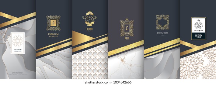 Collection of design elements,labels,icon,frames, for packaging,design of luxury products.Made with golden foil.Isolated on silver and marble background. vector illustration