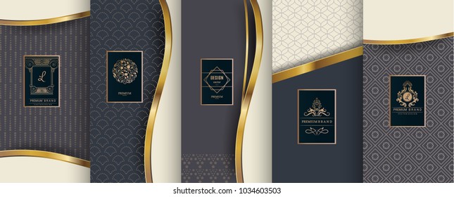 Collection of design elements,labels,icon,frames, for packaging,design of luxury products.Made with golden foil.Isolated on  blue color background. vector illustration