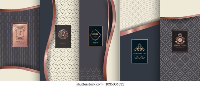 Collection of design elements,labels,icon,frames, for packaging,design of luxury products.Made with golden foil.Isolated on geometric background. vector illustration
