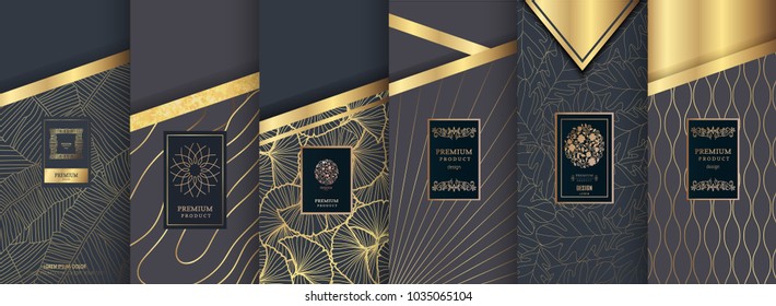Collection of design elements,labels,icon,frames, for packaging,design of luxury products.Made with golden foil.Isolated on blue and geometric background. vector illustration
