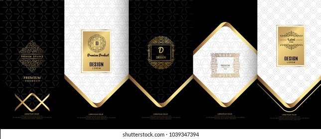 Collection of design elements,labels,icon,frames, for packaging,design of luxury products. for perfume, soap, wine, lotion.Made with golden foil.Isolated on black background. vector illustration