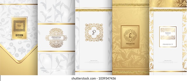 Collection of design elements,labels,icon,frames, for packaging,design of luxury products.for perfume,soap,wine, lotion. Made with golden foil.Isolated on white background.vector illustration