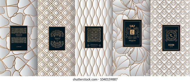 Collection of design elements,labels,icon,frames, for packaging,design of luxury products.for perfume,soap,wine, lotion.Made with golden foil.Isolated on geometric background.vector illustration