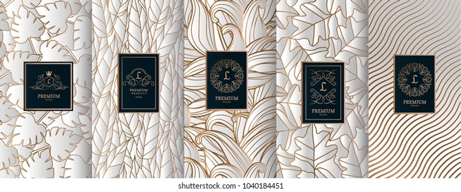 Collection of design elements,labels,icon,frames, for packaging,design of luxury products.for perfume,soap,wine, lotion.Made with golden foil.Isolated on geometric background.vector illustration
