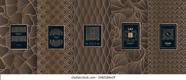 Collection of design elements,labels,icon,frames, for packaging,design of luxury products.for perfume,soap,wine, lotion.Made with golden foil.Isolated on geometric background.vector illustration