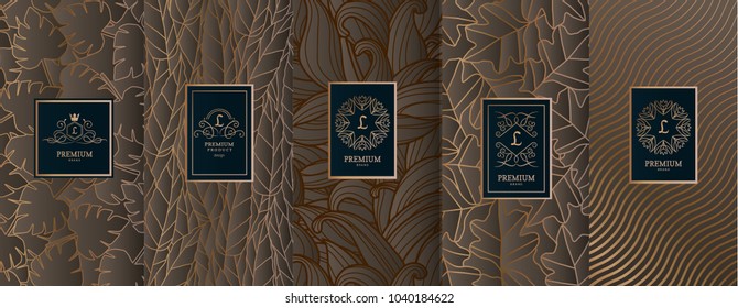 Collection of design elements,labels,icon,frames, for packaging,design of luxury products.for perfume,soap,wine, lotion.Made with golden foil.Isolated on geometric background.vector illustration
