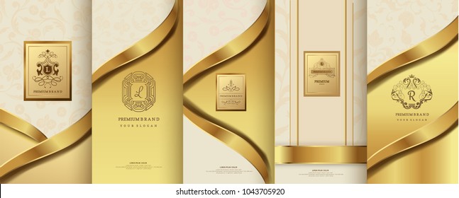 Collection of design elements,labels,icon,frames, for packaging,design of luxury products.for perfume,soap,wine, lotion. Made with golden foil.Isolated on gold color background.vector illustration