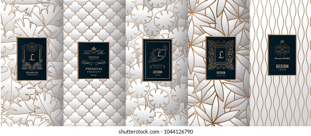 Collection of design elements,labels,icon,frames, for packaging,design of luxury products.for perfume,soap,wine, lotion.Made with golden foil.Isolated on geometric background.vector illustration