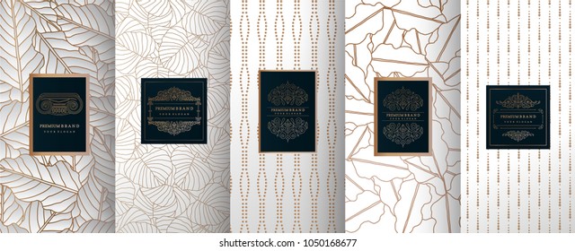 Collection of design elements,labels,icon,frames, for packaging,design of luxury products.for perfume,soap,wine, lotion.Made with golden foil.Isolated on silver background.vector illustration