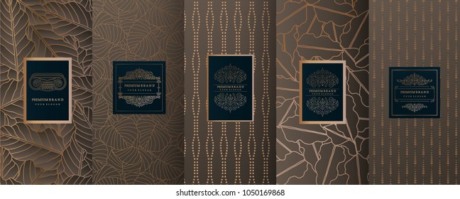 Collection of design elements,labels,icon,frames, for packaging,design of luxury products.for perfume,soap,wine, lotion.Made with golden foil.Isolated on geometric background.vector illustration