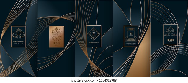 Collection of design elements,labels,icon,frames, for packaging,design of luxury products.for perfume,soap,wine, lotion.Made with golden foil.Isolated on line background.vector illustration