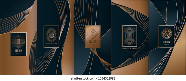 Collection of design elements,labels,icon,frames, for packaging,design of luxury products.for perfume,soap,wine, lotion.Made with golden foil.Isolated on line background.vector illustration