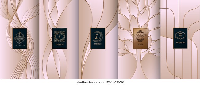 Colección de elementos de diseño,etiquetas,ícono,marcos, para embalaje,diseño de productos de lujo.para perfume,jabón,vino, loción.Hecho con lámina dorada.Aislado en el fondo de línea.ilustración vectorial