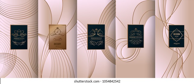 Colección de elementos de diseño,etiquetas,ícono,marcos, para embalaje,diseño de productos de lujo.para perfume,jabón,vino, loción.Hecho con lámina dorada.Aislado en el fondo de línea.ilustración vectorial