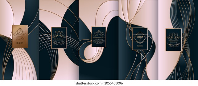 Collection of design elements,labels,icon,frames, for packaging,design of luxury products.for perfume,soap,wine, lotion.Made with golden foil.Isolated on line background.vector illustration