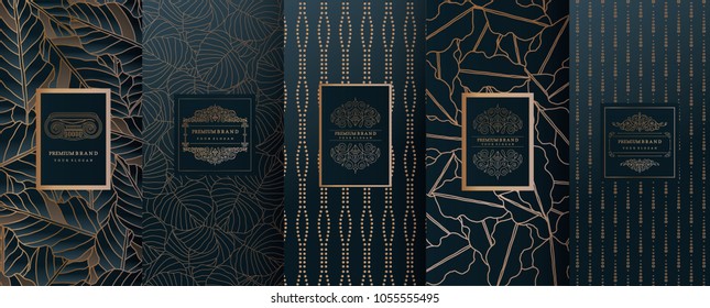 Collection of design elements,labels,icon,frames, for packaging,design of luxury products.for perfume,soap,wine, lotion.Made with golden foil.Isolated on geometric background.vector illustration