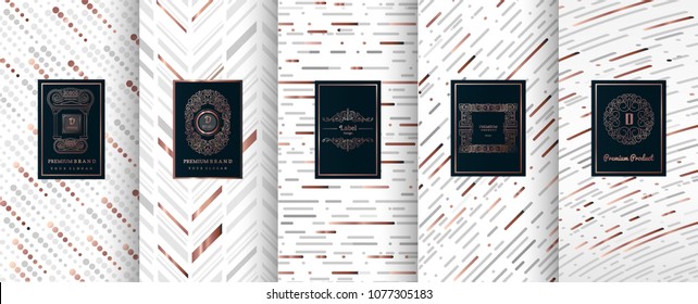 Collection of design elements,labels,icon,frames, for packaging,design of luxury products.for perfume,soap,wine, lotion.Made with silver foil.Isolated on geometric background.vector illustration