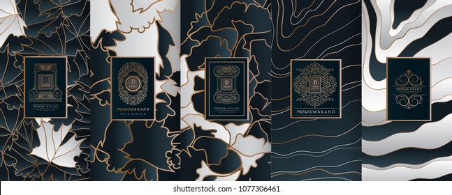 Collection of design elements,labels,icon,frames, for packaging,design of luxury products.for perfume,soap,wine, lotion.Made with golden foil.Isolated on geometric background.vector illustration