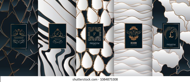 Collection of design elements,labels,icon,frames, for packaging,design of luxury products.for perfume,soap,wine, lotion.Made with golden foil.Isolated on geometric background.vector illustration