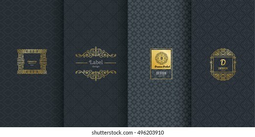 Collection of design elements,labels,icon,frames, for packaging,design of luxury products.Made with golden foil.Isolated on black background. vector illustration