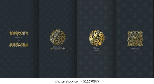 Collection of design elements,labels,icon,frames, for packaging,design of luxury products.Made with golden foil.Isolated on black background. vector illustration