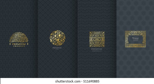 Collection of design elements,labels,icon,frames, for packaging,design of luxury products.Made with golden foil.Isolated on black background. vector illustration