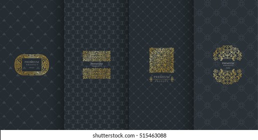 Collection of design elements,labels,icon,frames, for packaging,design of luxury products.Made with golden foil.Isolated on black background. vector illustration