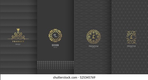 Collection of design elements,labels,icon,frames, for packaging,design of luxury products.Made with golden foil.Isolated on black background. vector illustration