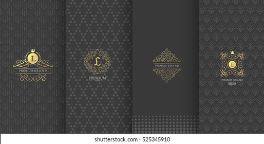 Collection of design elements,labels,icon,frames, for packaging,design of luxury products.Made with golden foil.Isolated on black background. vector illustration