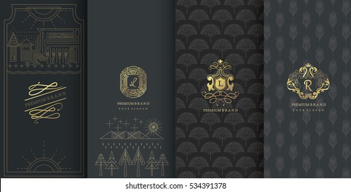 Collection of design elements,labels,icon,frames, for packaging,design of luxury products.Made with golden foil.Isolated on black background. vector illustration