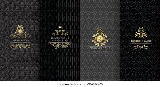 Collection of design elements,labels,icon,frames, for packaging,design of luxury products.Made with golden foil.Isolated on black background. vector illustration