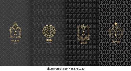 Collection of design elements,labels,icon,frames, for packaging,design of luxury products.Made with golden foil.Isolated on black background. vector illustration