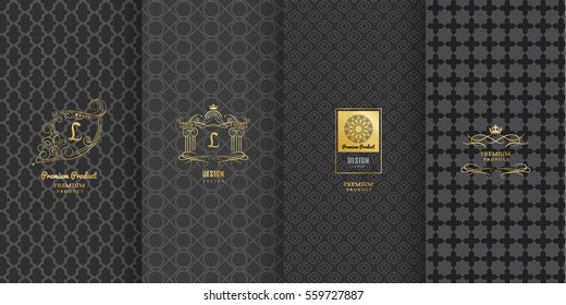 Collection of design elements,labels,icon,frames, for packaging,design of luxury products.Made with golden foil.Isolated on black background. vector illustration