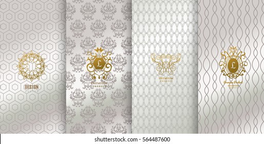 Collection of design elements,labels,icon,frames, for packaging,design of luxury products.Made with golden foil.Isolated on silver background. vector illustration