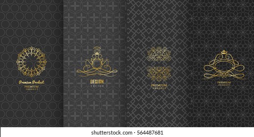 Collection of design elements,labels,icon,frames, for packaging,design of luxury products.Made with golden foil.Isolated on black background. vector illustration