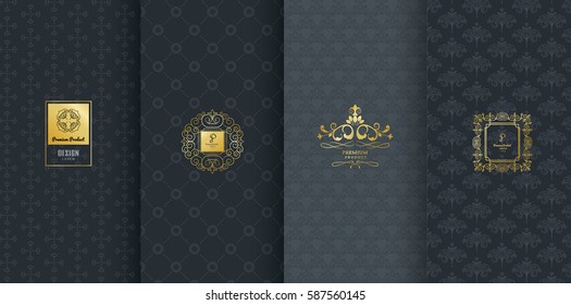 Collection of design elements,labels,icon,frames, for packaging,design of luxury products.Made with golden foil.Isolated on black background. vector illustration