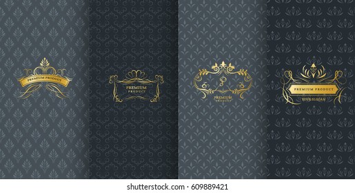 Collection of design elements,labels,icon,frames, for packaging,design of luxury products.Made with golden foil.Isolated on black background. vector illustration