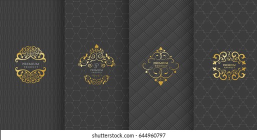 Collection of design elements,labels,icon,frames, for packaging,design of luxury products.Made with golden foil.Isolated on black background. vector illustration