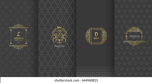 Collection of design elements,labels,icon,frames, for packaging,design of luxury products.Made with golden foil.Isolated on black background. vector illustration