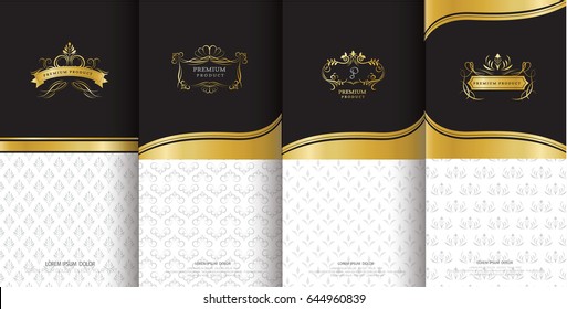 Collection of design elements,labels,icon,frames, for packaging,design of luxury products.Made with golden foil.Isolated on black background. vector illustration