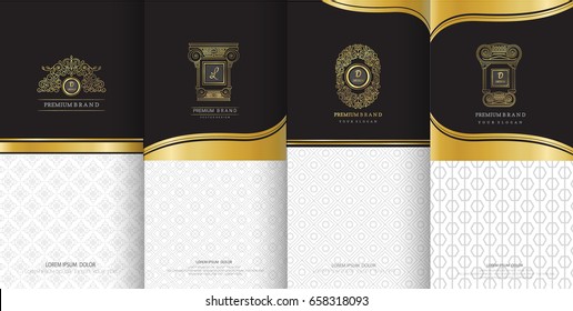 Collection of design elements,labels,icon,frames, for packaging,design of luxury products.Made with golden foil.Isolated on black background. vector illustration