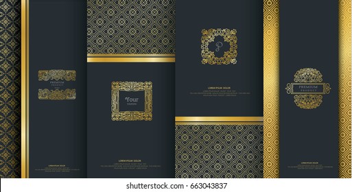 Collection of design elements,labels,icon,frames, for packaging,design of luxury products.Made with golden foil.Isolated on black background. vector illustration